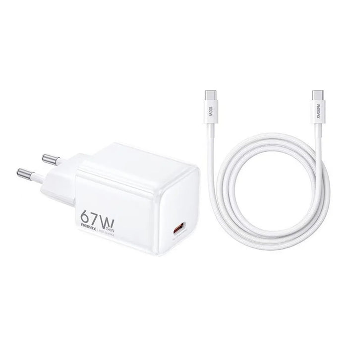 REMAX CA-16 67W GaN Foldable Travel Wall Charger Type-C Port PD Fast Charging Power Adapter with 100W USB-C Cable - White  /  EU Plug - 1