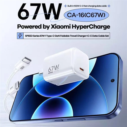 REMAX CA-16 67W GaN Foldable Travel Wall Charger Type-C Port PD Fast Charging Power Adapter with 100W USB-C Cable - White  /  EU Plug - 2