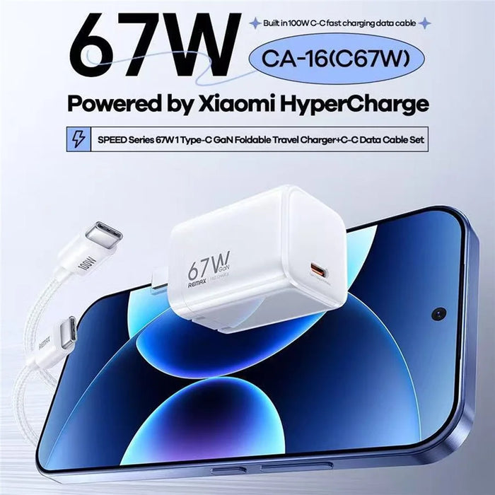 REMAX CA-16 67W GaN Foldable Travel Wall Charger Type-C Port PD Fast Charging Power Adapter with 100W USB-C Cable - White  /  EU Plug - 2