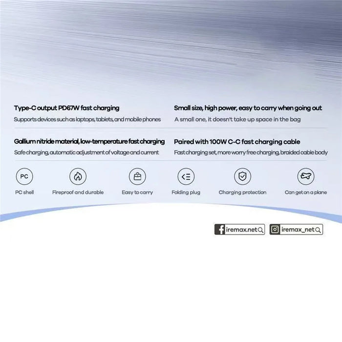 REMAX CA-16 67W GaN Foldable Travel Wall Charger Type-C Port PD Fast Charging Power Adapter with 100W USB-C Cable - White  /  EU Plug - 3