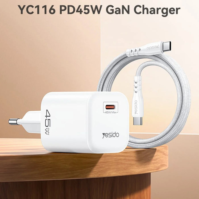 YESIDO YC116 PD 45W GaN Charger Single Port Type-C Fast Charging Adapter with Braided USB-C Cable - EU Plug - 2