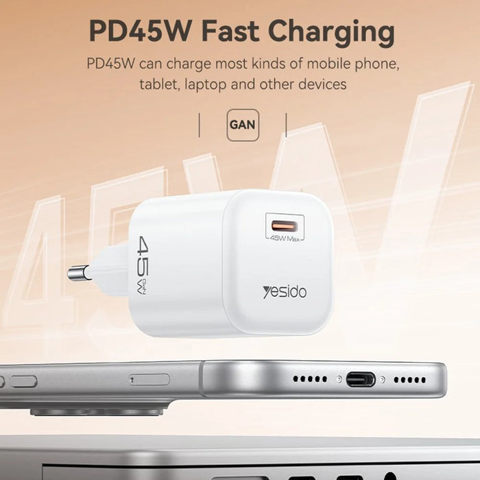 YESIDO YC116 PD 45W GaN Charger Single Port Type-C Fast Charging Adapter with Braided USB-C Cable - EU Plug - 3