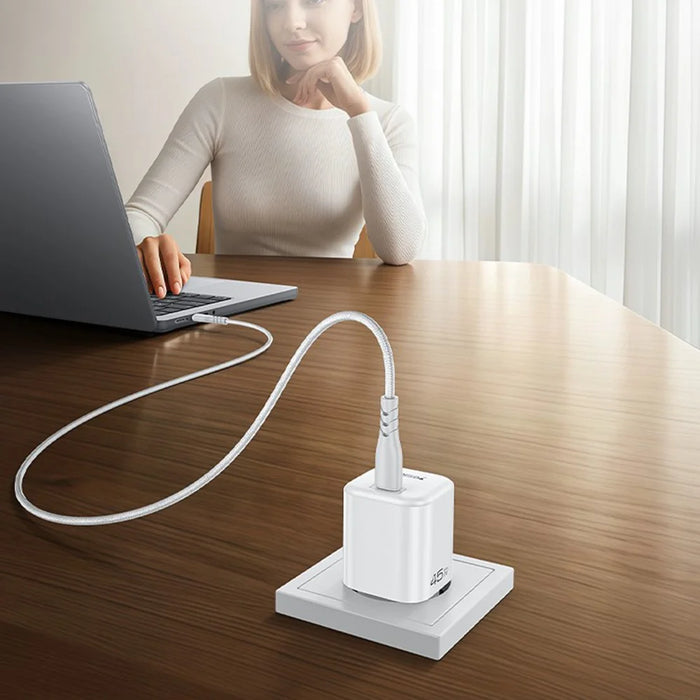 YESIDO YC116 PD 45W GaN Charger Single Port Type-C Fast Charging Adapter with Braided USB-C Cable - EU Plug - 5
