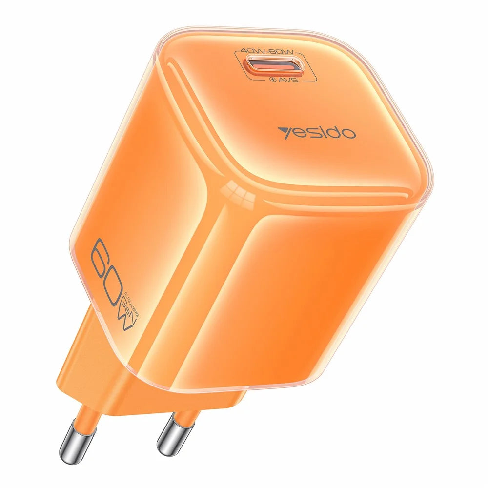 YESIDO YC117 40-60W USB-C GaN Charger with USB-C Cable Clear Dual-Color AVS DPS PPS Dynamic Fast Charging Adapter for Phone Tablet Laptop - Orange - 1