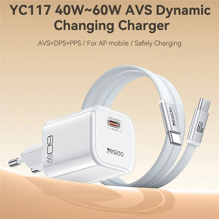 YESIDO YC117 40-60W USB-C GaN Charger with USB-C Cable Clear Dual-Color AVS DPS PPS Dynamic Fast Charging Adapter for Phone Tablet Laptop - Orange - 7