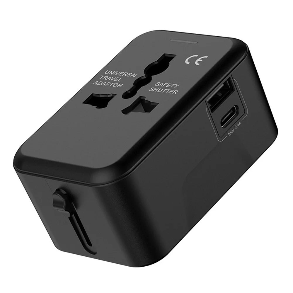 Universal Global Travel Charging Adapter International Plug Charger Converter with AC Outlet + Type C + USB-A Ports - Black - 1