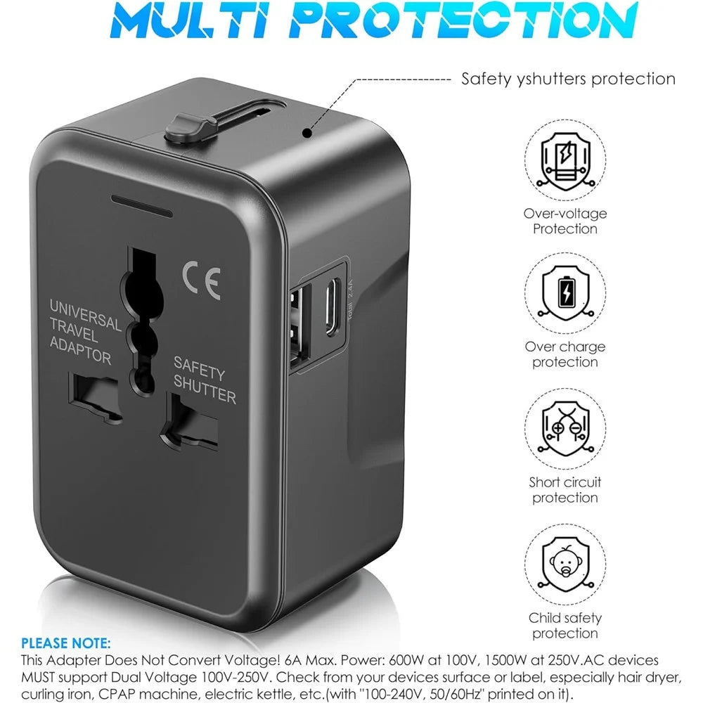 Universal Global Travel Charging Adapter International Plug Charger Converter with AC Outlet + Type C + USB-A Ports - Black - 2