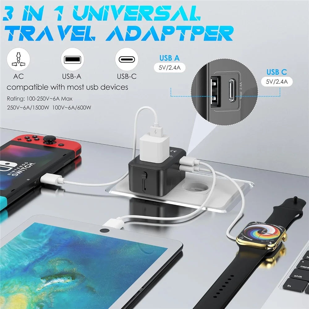 Universal Global Travel Charging Adapter International Plug Charger Converter with AC Outlet + Type C + USB-A Ports - Black - 3