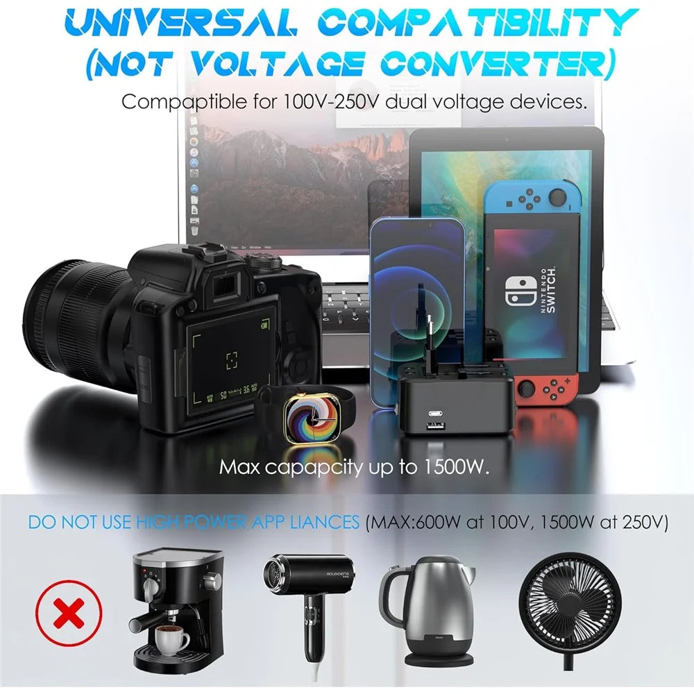 Universal Global Travel Charging Adapter International Plug Charger Converter with AC Outlet + Type C + USB-A Ports - Black - 6