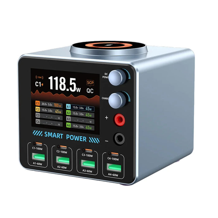 WLX-F4 USB-C + USB-A 8-Port GaN Desktop Charger 100W Fast Charging Station Magnetic Wireless Charger with Digital Display - US Plug - 1