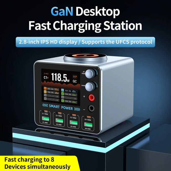 WLX-F4 USB-C + USB-A 8-Port GaN Desktop Charger 100W Fast Charging Station Magnetic Wireless Charger with Digital Display - US Plug - 2