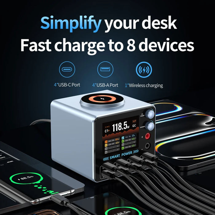 WLX-F4 USB-C + USB-A 8-Port GaN Desktop Charger 100W Fast Charging Station Magnetic Wireless Charger with Digital Display - US Plug - 3
