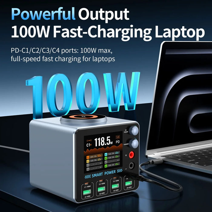 WLX-F4 USB-C + USB-A 8-Port GaN Desktop Charger 100W Fast Charging Station Magnetic Wireless Charger with Digital Display - US Plug - 4
