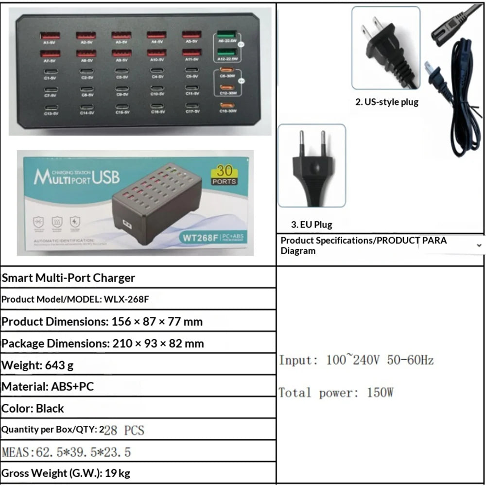 WLX-268F 30-Port Desktop Charger Hub with 18 USB-C and 12 USB-A Ports 30W Fast Charging Station - US Plug - 7