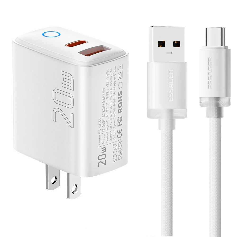 ESSAGER ES-CD55 20W Charging Set Type-C + USB-A Fast Charger with USB-A to Type-C Data Cable - US Plug - 1