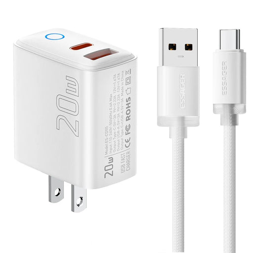 ESSAGER ES-CD55 20W Charging Set Type-C + USB-A Fast Charger with USB-A to Type-C Data Cable - US Plug - 1