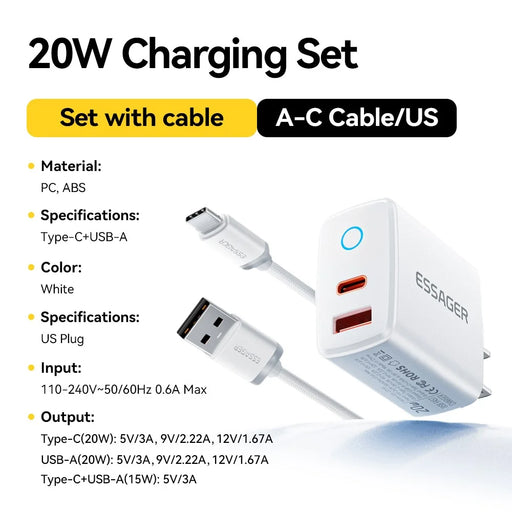 ESSAGER ES-CD55 20W Charging Set Type-C + USB-A Fast Charger with USB-A to Type-C Data Cable - US Plug - 2