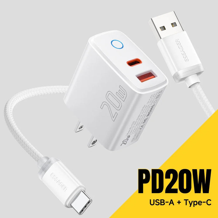 ESSAGER ES-CD55 20W Charging Set Type-C + USB-A Fast Charger with USB-A to Type-C Data Cable - US Plug - 3
