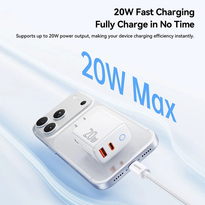ESSAGER ES-CD55 20W Charging Set Type-C + USB-A Fast Charger with USB-A to Type-C Data Cable - US Plug - 5