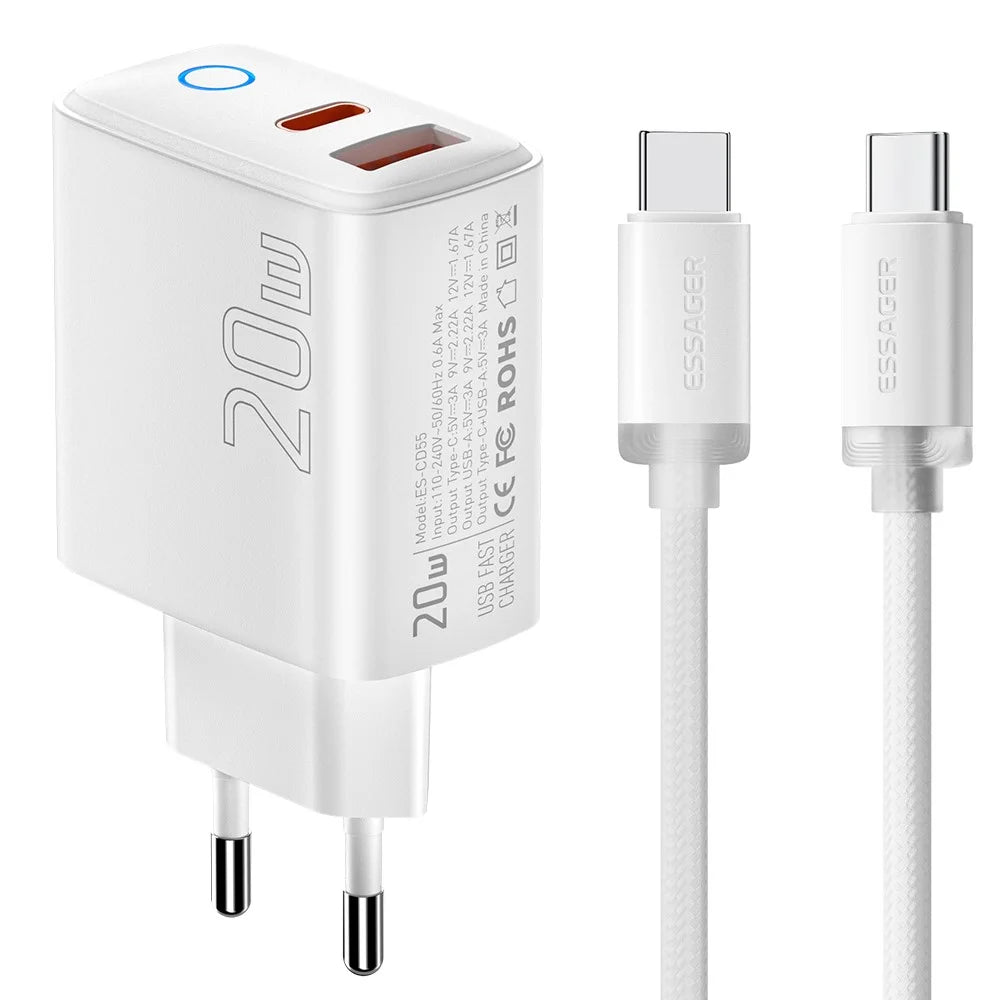 ESSAGER ES-CD55 20W Charger Set Dual Port USB-A  + Type-C Fast Charging Adapter with Type-C to Type-C Cable - EU Plug - 1