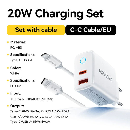 ESSAGER ES-CD55 20W Charger Set Dual Port USB-A  + Type-C Fast Charging Adapter with Type-C to Type-C Cable - EU Plug - 2