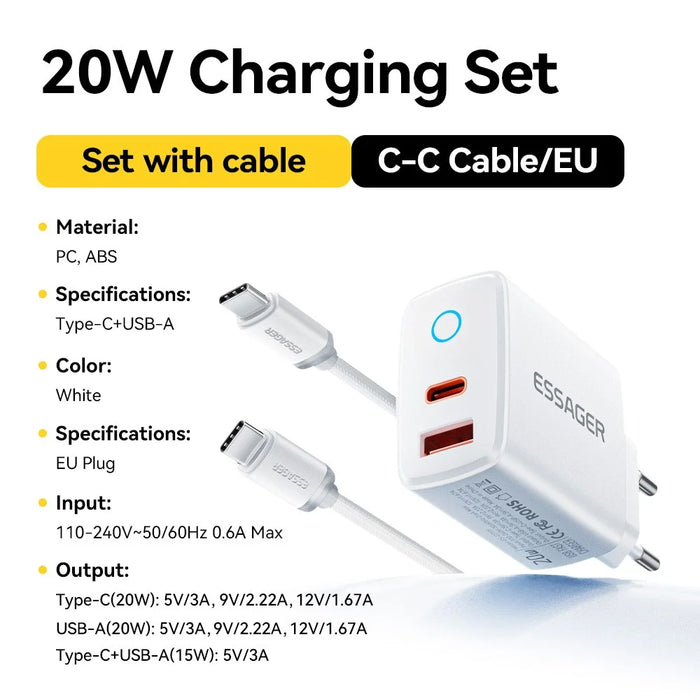 ESSAGER ES-CD55 20W Charger Set Dual Port USB-A  + Type-C Fast Charging Adapter with Type-C to Type-C Cable - EU Plug - 2
