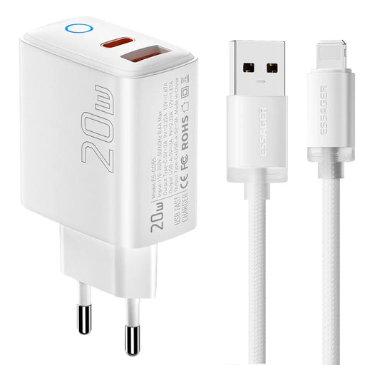 ESSAGER ES-CD55 20W Charger Set USB-A + USB-C Fast Charging Adapter with USB-A to IP Cable - EU Plug - 1