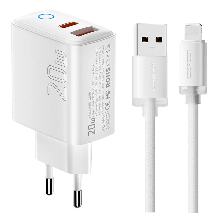 ESSAGER ES-CD55 20W Charger Set USB-A + USB-C Fast Charging Adapter with USB-A to IP Cable - EU Plug - 1