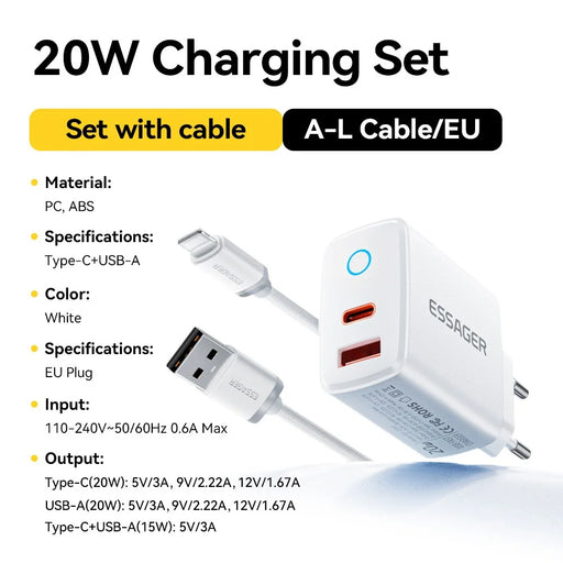 ESSAGER ES-CD55 20W Charger Set USB-A + USB-C Fast Charging Adapter with USB-A to IP Cable - EU Plug - 2