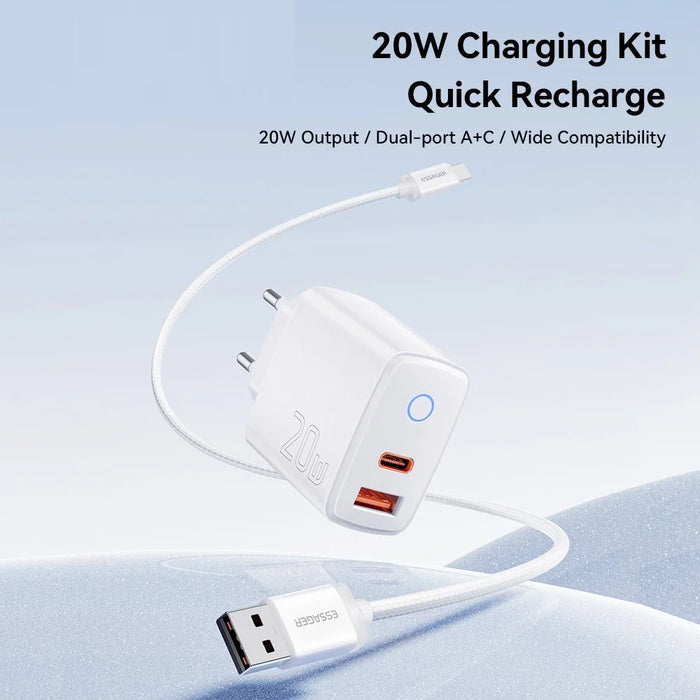 ESSAGER ES-CD55 20W Charger Set USB-A + USB-C Fast Charging Adapter with USB-A to IP Cable - EU Plug - 3