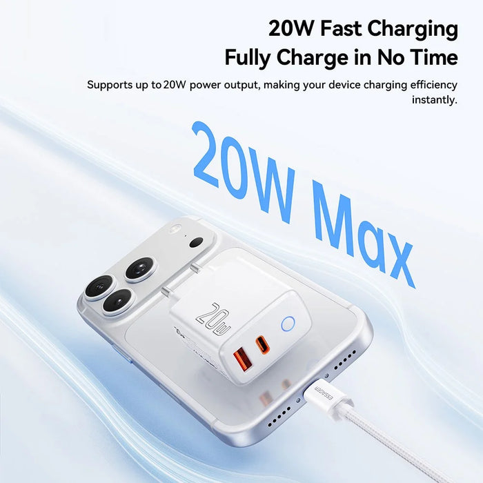 ESSAGER ES-CD55 20W Charger Set USB-A + USB-C Fast Charging Adapter with USB-A to IP Cable - EU Plug - 4
