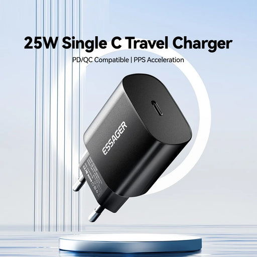 ESSAGER ES-CD38 25W USB-C Wall Charger PD Fast Charging Adapter for iPhone Samsung, EU Plug - Black - 2