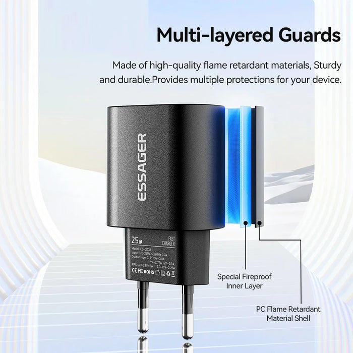 ESSAGER ES-CD38 25W USB-C Wall Charger PD Fast Charging Adapter for iPhone Samsung, EU Plug - Black - 4