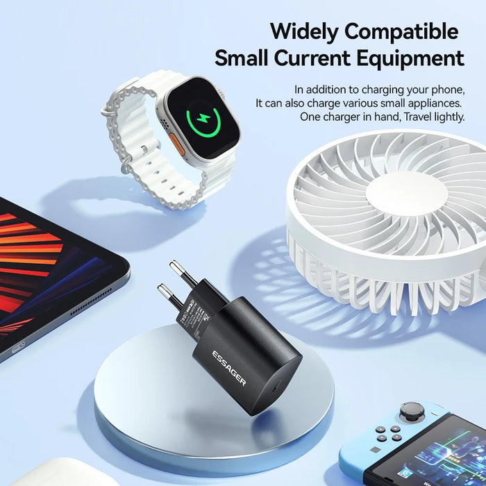 ESSAGER ES-CD38 25W USB-C Wall Charger PD Fast Charging Adapter for iPhone Samsung, EU Plug - Black - 7