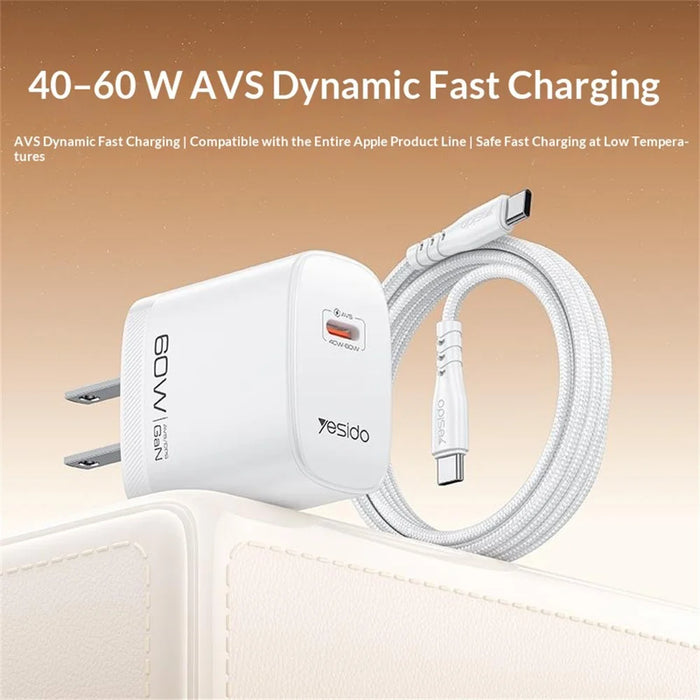 YESIDO YC25U 60W GaN Charger AVS Dynamic Fast Charging Adapter + Type-C to Type-C Cable , US Plug - White - 2