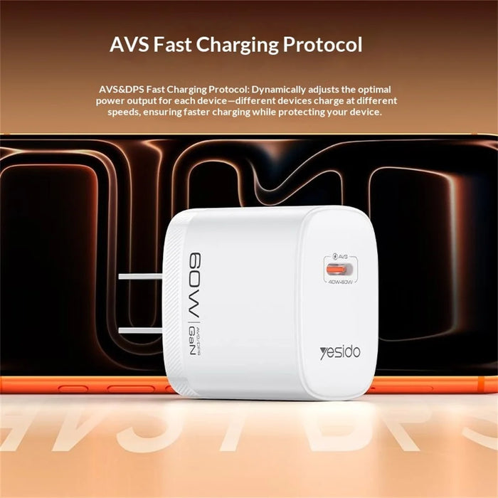 YESIDO YC25U 60W GaN Charger AVS Dynamic Fast Charging Adapter + Type-C to Type-C Cable , US Plug - White - 3