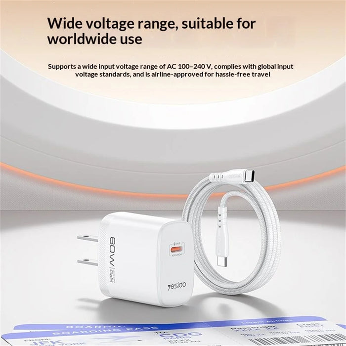 YESIDO YC25U 60W GaN Charger AVS Dynamic Fast Charging Adapter + Type-C to Type-C Cable , US Plug - White - 5
