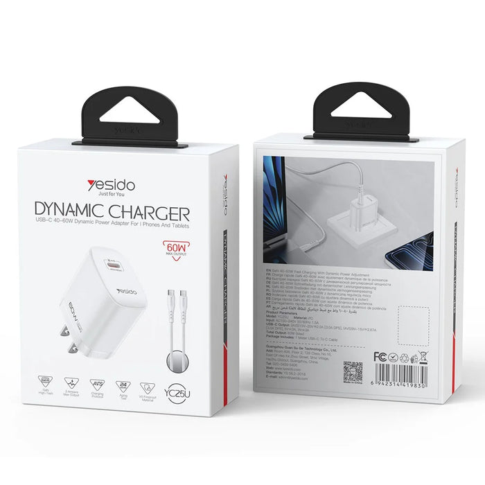 YESIDO YC25U 60W GaN Charger AVS Dynamic Fast Charging Adapter + Type-C to Type-C Cable , US Plug - White - 6