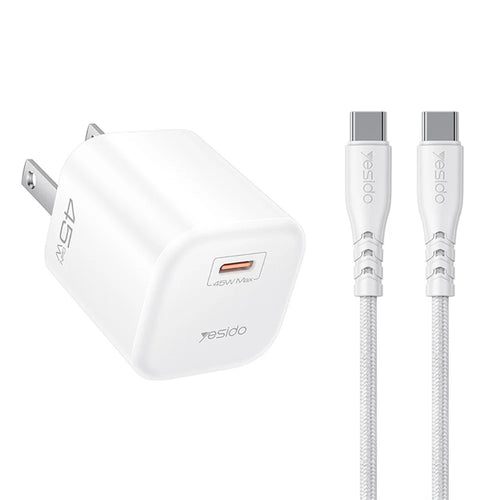 YESIDO YC26U PD 45W GaN Charger Single Port Fast Charging Adapter + Type-C to Type-C Cable , US Plug - White - 1
