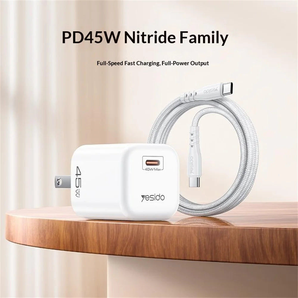 YESIDO YC26U PD 45W GaN Charger Single Port Fast Charging Adapter + Type-C to Type-C Cable , US Plug - White - 2