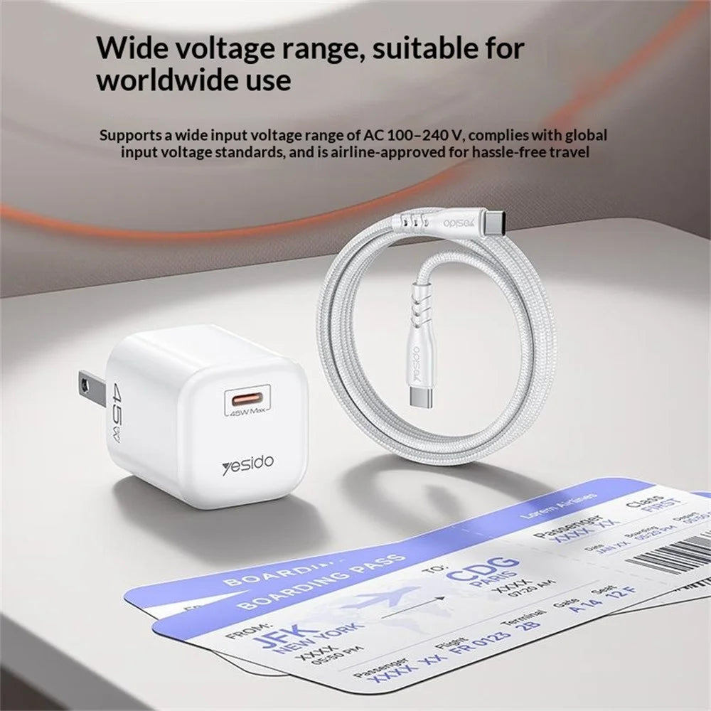 YESIDO YC26U PD 45W GaN Charger Single Port Fast Charging Adapter + Type-C to Type-C Cable , US Plug - White - 5