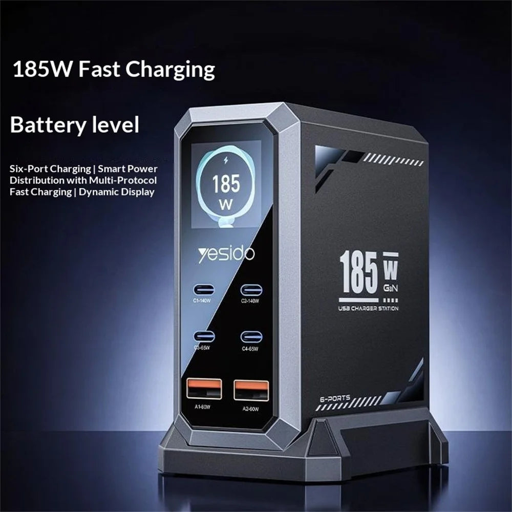 YESIDO YC118 185W GaN Multi-Port Charger 6 Ports USB-C PD 3.1 Dynamic TFT Display Charging Station for Laptop Phone - EU Plug - 2