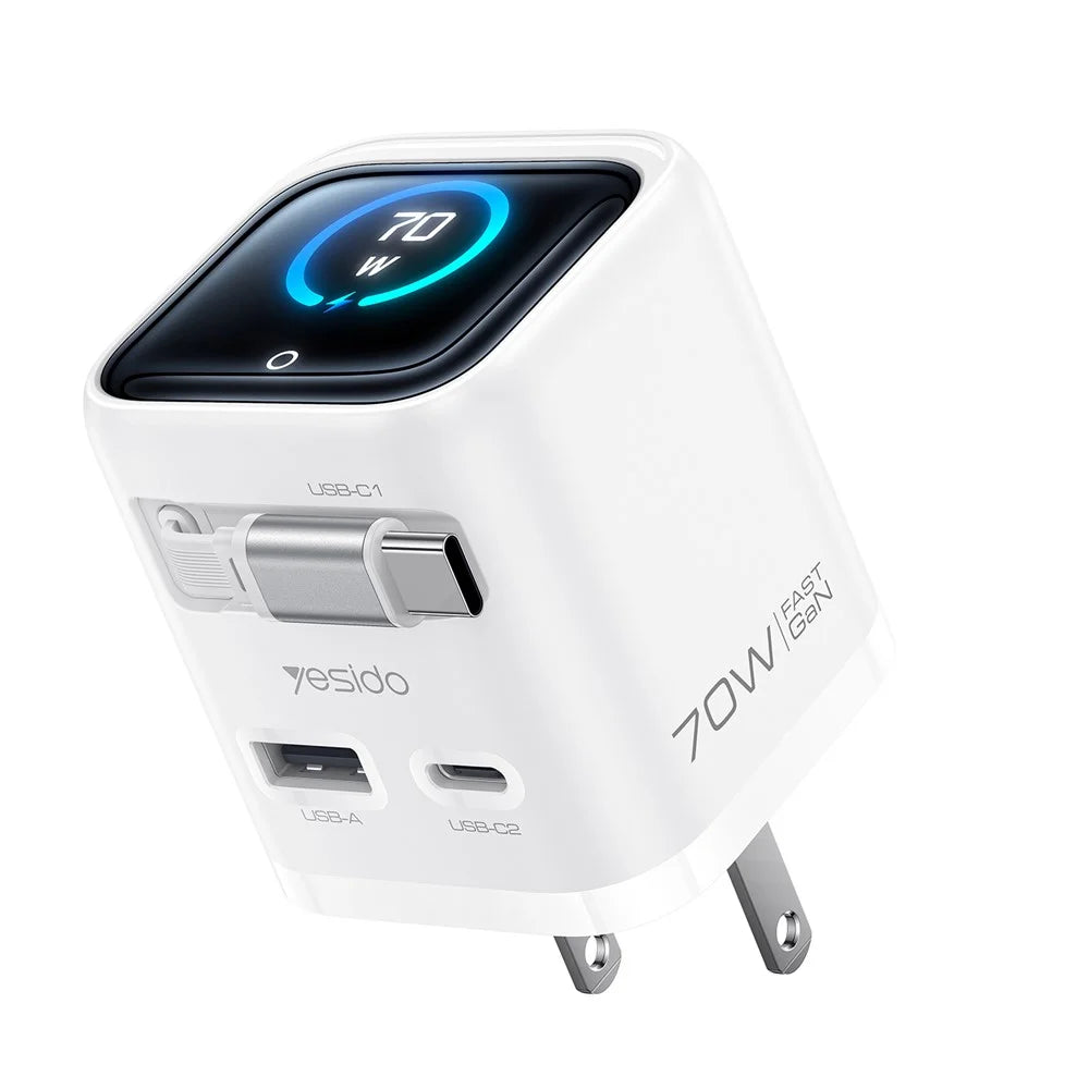 YESIDO YC28U 70W GaN Fast Charger TFT Display USB-A Type-C Adapter with Type-C Retractable Cable , US Plug - White - 1