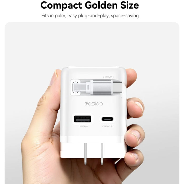 YESIDO YC28U 70W GaN Fast Charger TFT Display USB-A Type-C Adapter with Type-C Retractable Cable , US Plug - White - 3