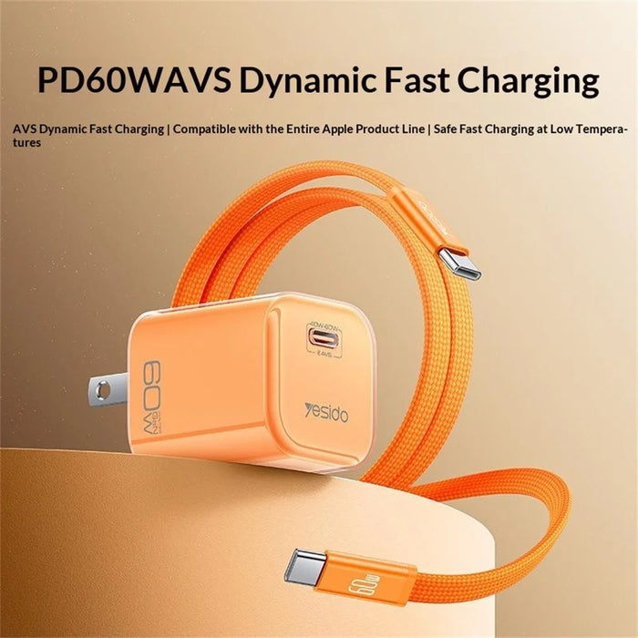 YESIDO YC27U 40W-60W USB-C Charger AVS Fast Charging Kit with Type-C to Type-C Cable, US Plug - Orange - 3