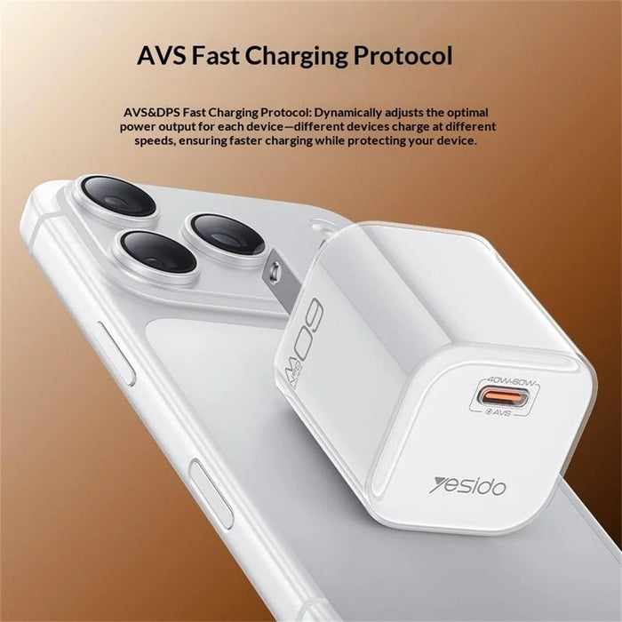 YESIDO YC27U 40W-60W USB-C Charger AVS Fast Charging Kit with Type-C to Type-C Cable, US Plug - Orange - 4
