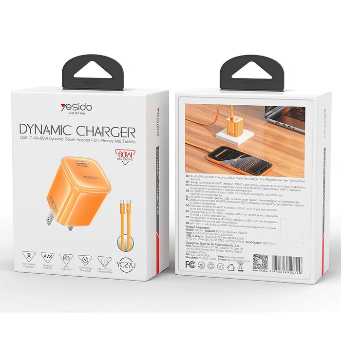 YESIDO YC27U 40W-60W USB-C Charger AVS Fast Charging Kit with Type-C to Type-C Cable, US Plug - Orange - 7