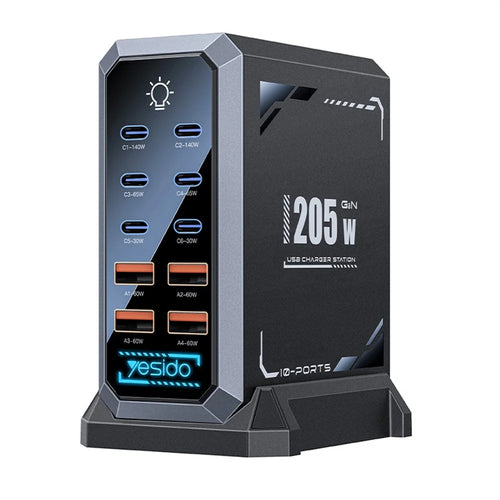 YESIDO YC119 10 Port Desktop Charger 205W GaN Fast Charging Station with RGB Light - EU Plug - 1