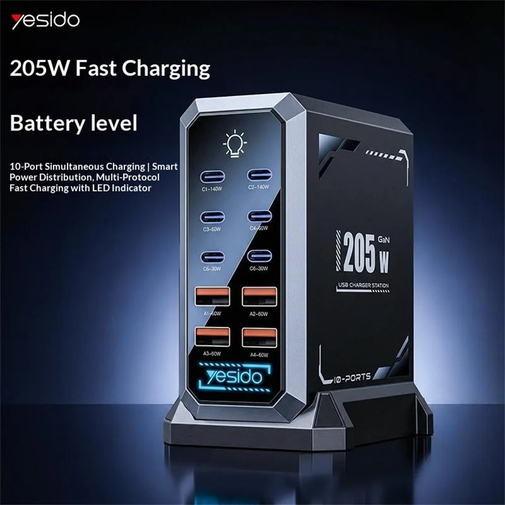 YESIDO YC119 10 Port Desktop Charger 205W GaN Fast Charging Station with RGB Light - EU Plug - 2