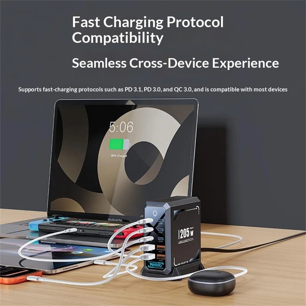 YESIDO YC119 10 Port Desktop Charger 205W GaN Fast Charging Station with RGB Light - EU Plug - 5